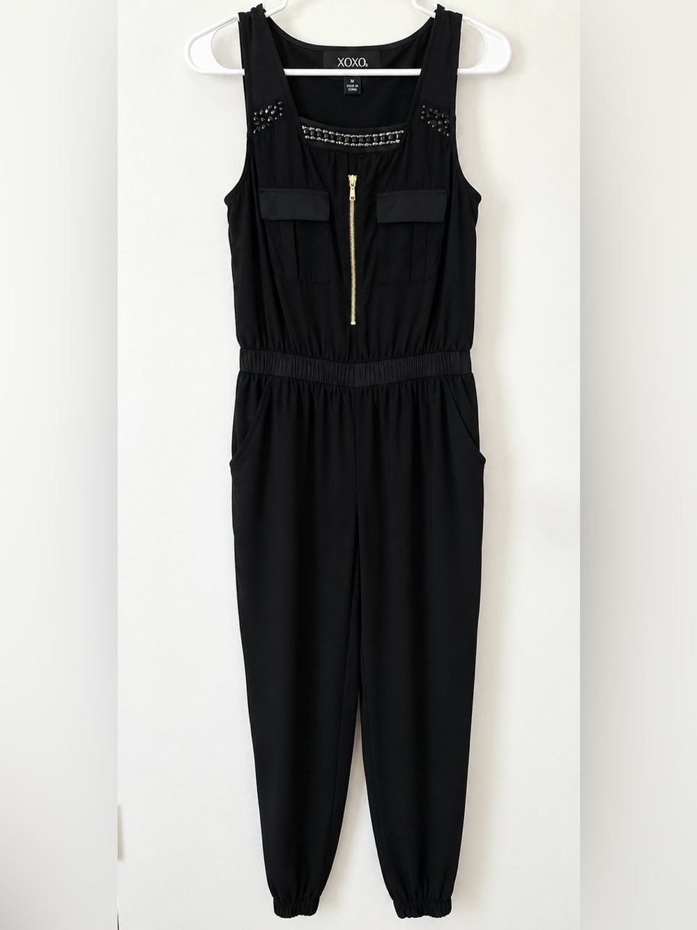 XOXO Black Embellished Jumpsuit Size M Gold Zip Utility Jogger